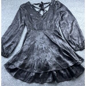 Allison & Kelly Dress Womens Small Black V Neck Puff Sleeves Corset Tie Silk New